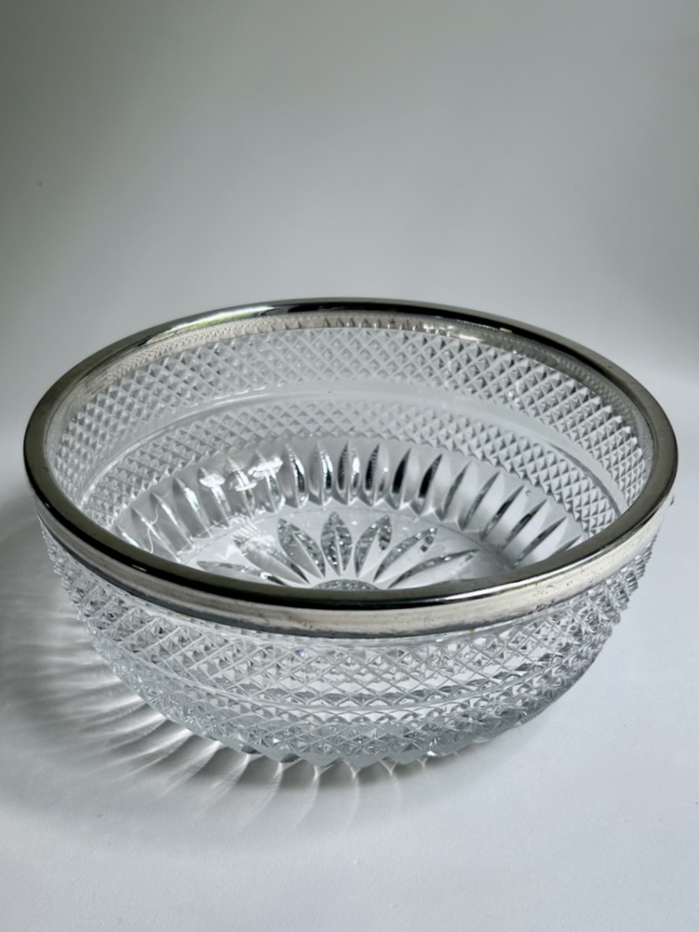 1950's Stamped German Silver Plate Rimmed Clear Lead Crystal Serving Bowl